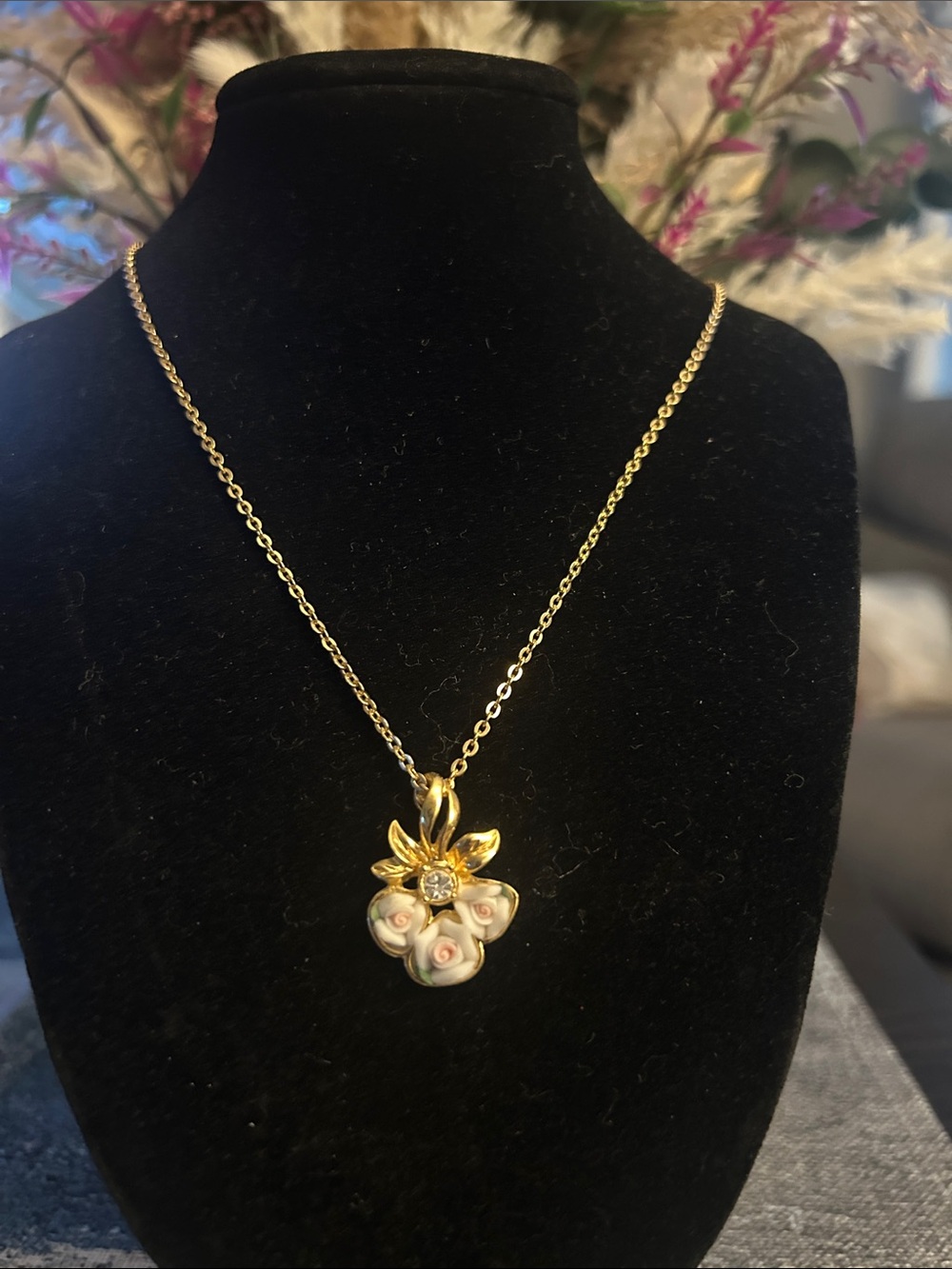 Gold Floral Pendant Necklace with Porcelain Rose Accents - Picture 1 of 2